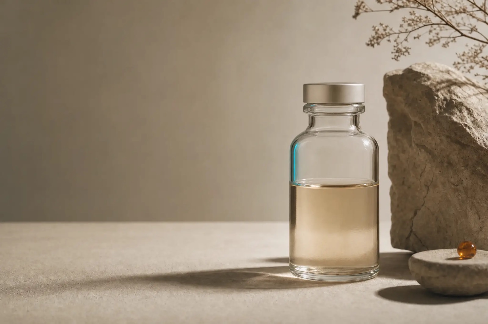 A single sealed glass vial lit from the side against a soft bone-colored backdrop, still and immaculate