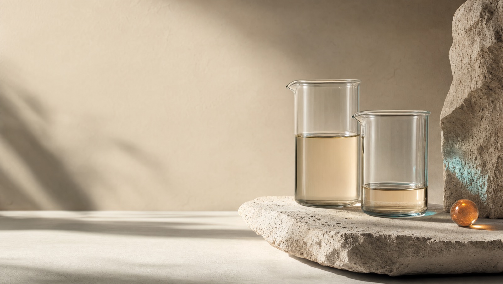 Two clean glass beakers filled to different levels on a warm stone surface under hard side light