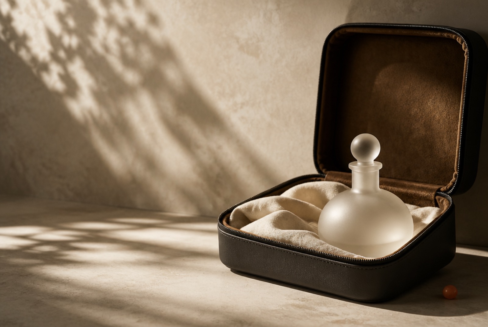 A frosted glass form resting on folded cloth inside an open hard case on warm stone, dappled light falling across the wall behind it