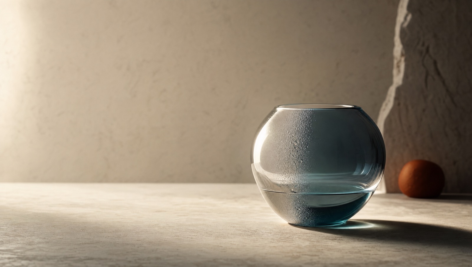 A smooth glass form lit half in cool shadow and half in warm light, with faint condensation, on a warm stone surface