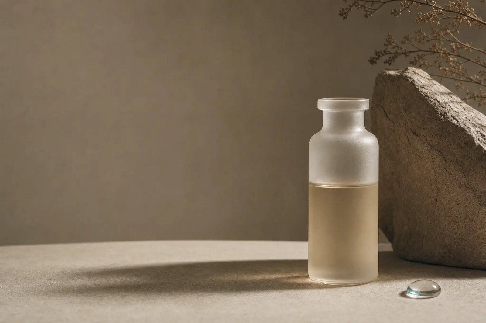 A frosted glass vial beside a single still bead of clear liquid on a warm stone surface under hard side light