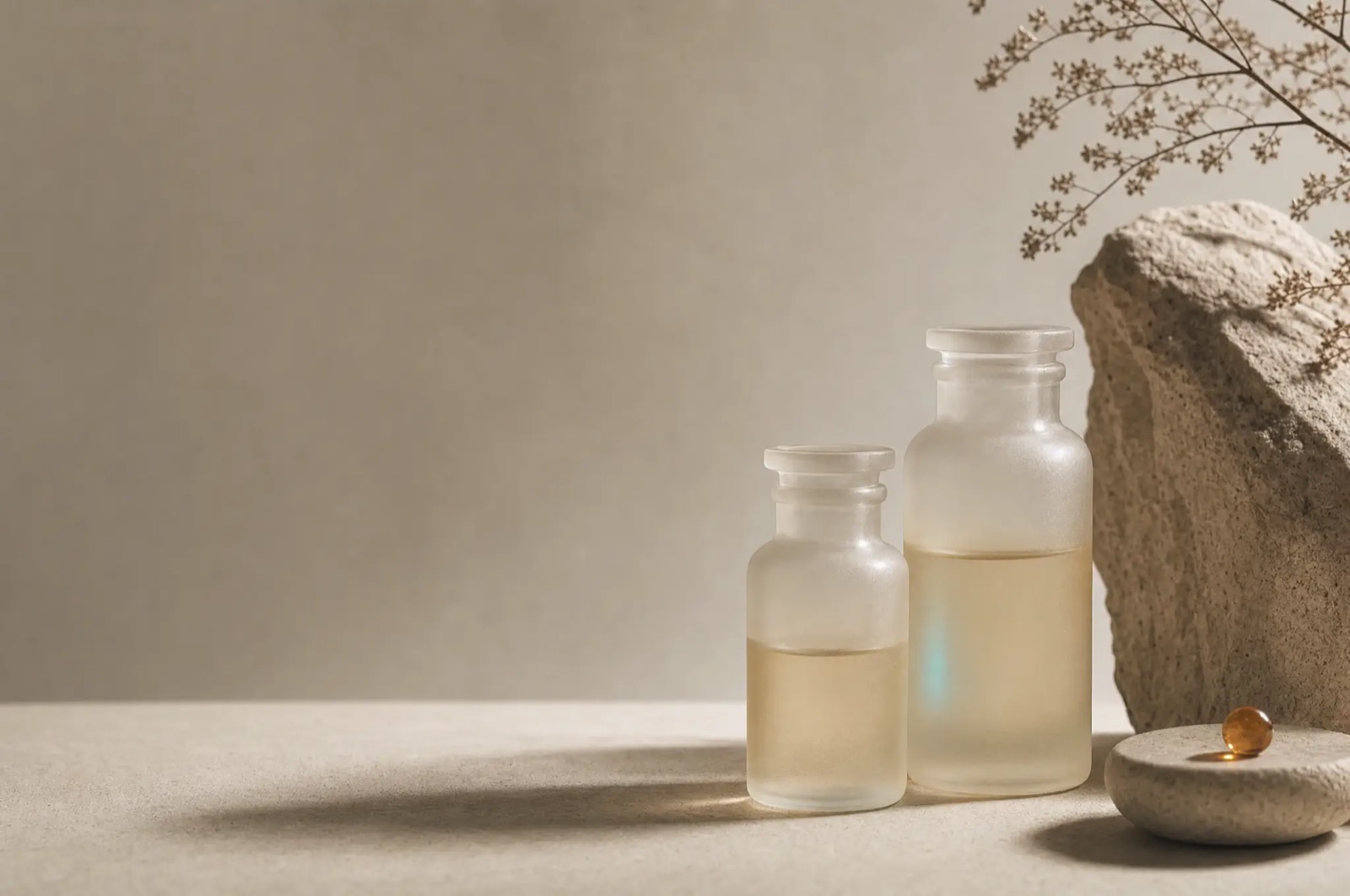 Two identical frosted glass vials filled to different liquid levels on a warm stone surface under hard side light