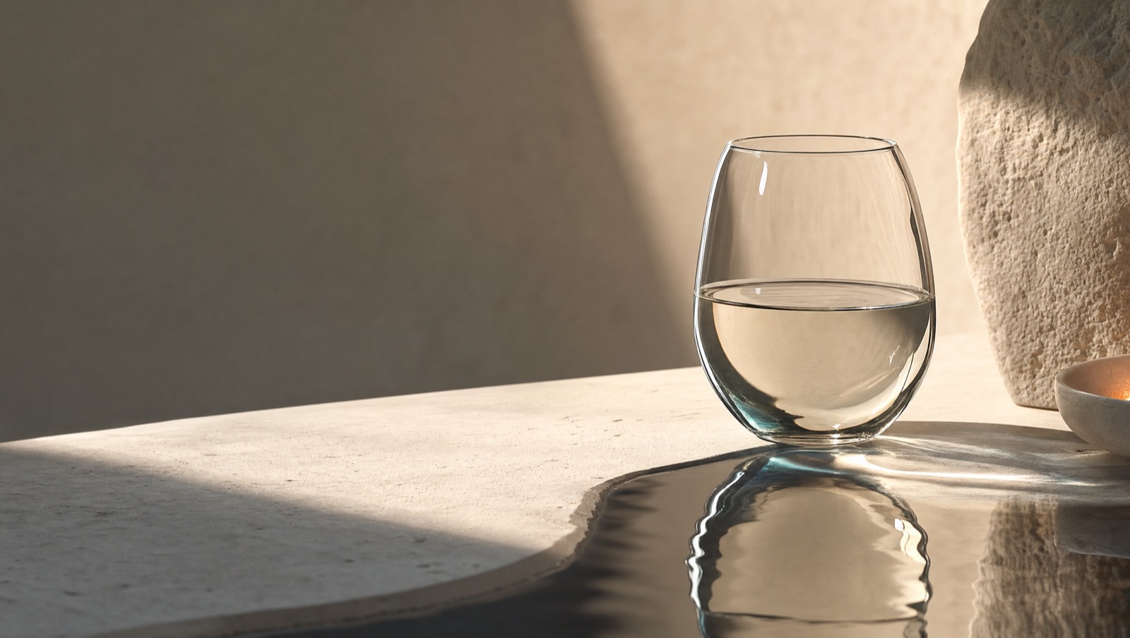 A clear glass vessel of pale liquid beside its own softly warped reflection in a still pool on a warm stone surface
