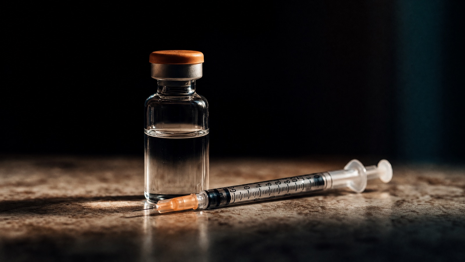 A glass peptide vial and a U-100 insulin syringe on a warm stone surface under hard side light