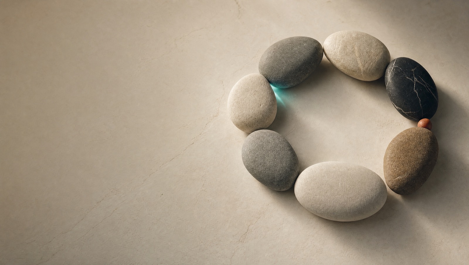 A ring of smooth stones arranged in a slow rotating pattern on a warm stone surface under soft side light