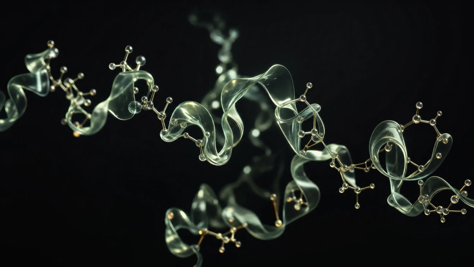 Abstract translucent glass ribbon fragment folding through dark space, representing a small peptide molecule