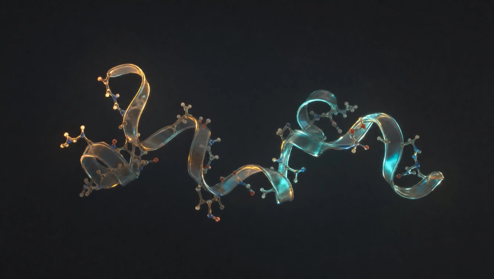 Abstract translucent glass ribbon folding through dark space, representing a peptide molecule
