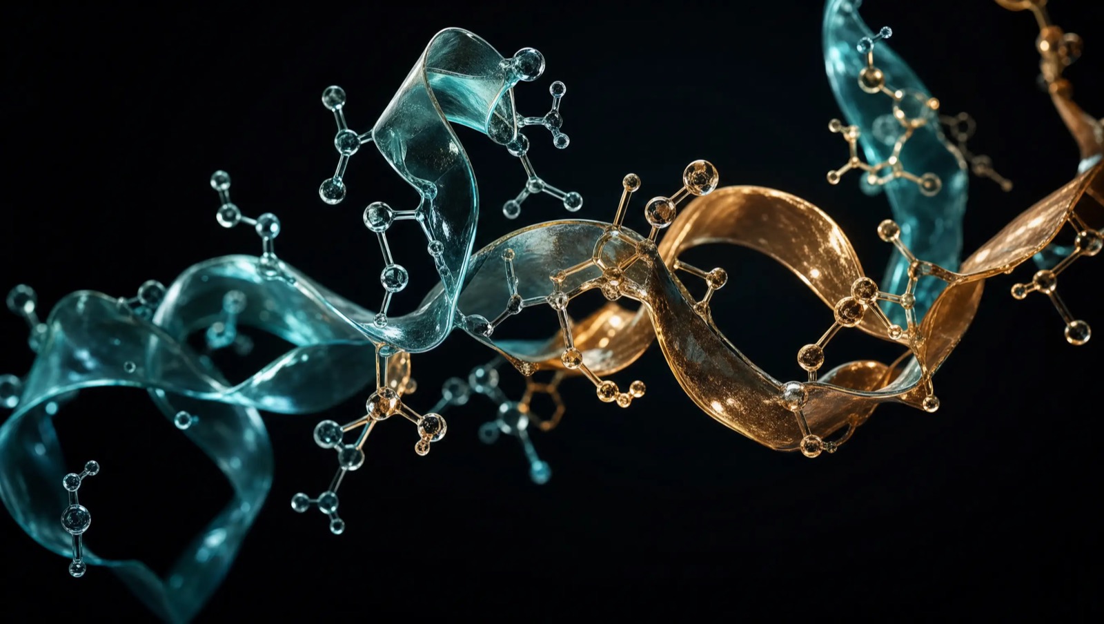 Abstract translucent glass strands, one long and one short, intertwining through dark space, representing two peptide molecules