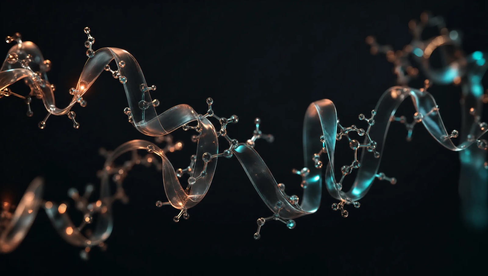 Abstract translucent glass ribbon curled around a small glowing copper-toned sphere in dark space, representing a copper-binding peptide