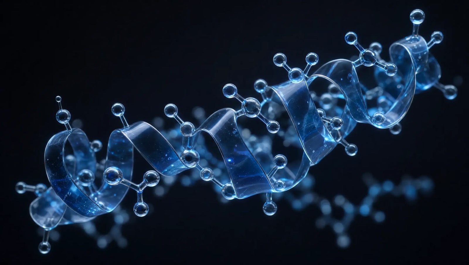 Abstract translucent glass ribbon curled into a compact loop in dark space, representing a small peptide molecule