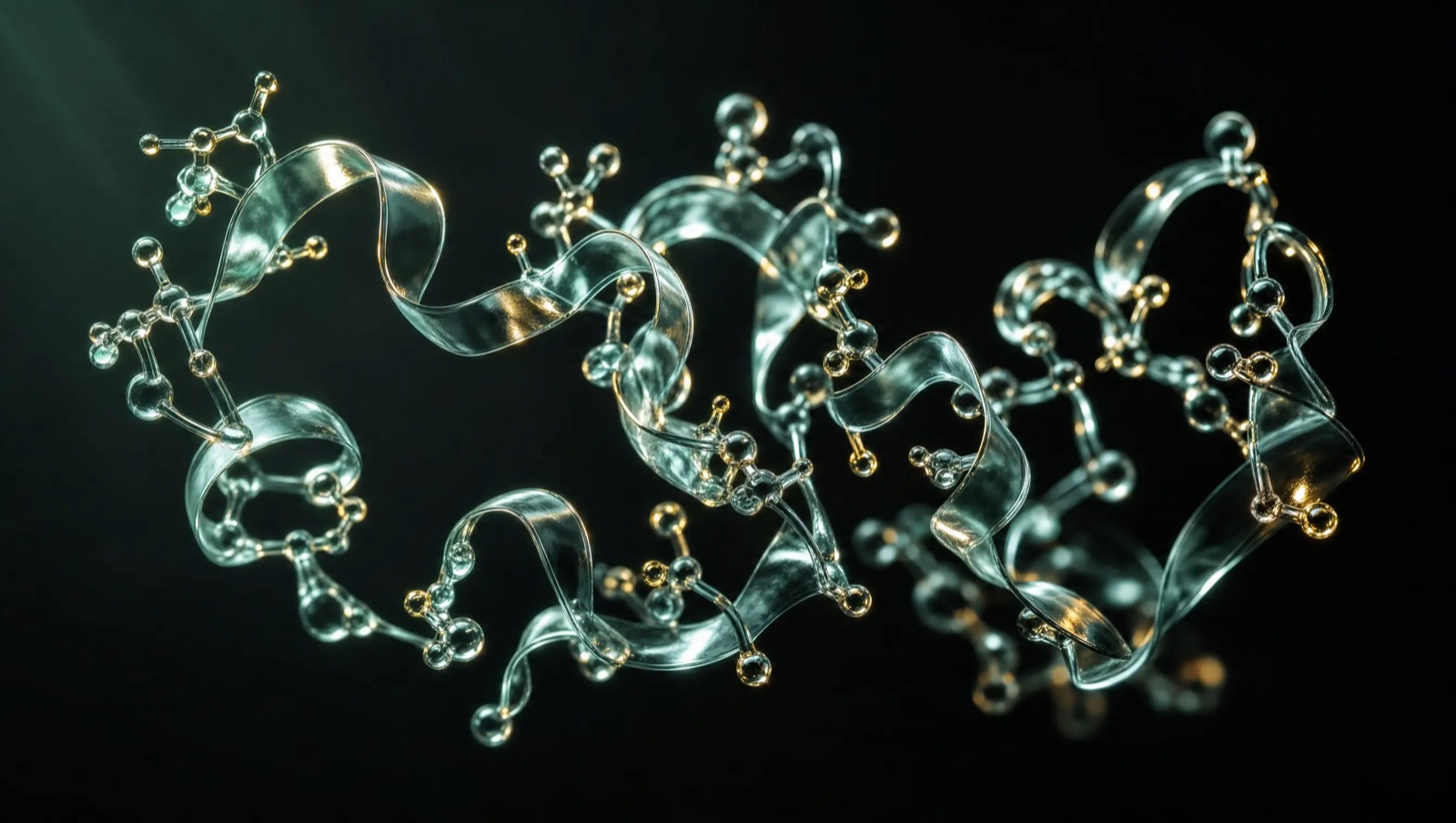 Abstract translucent glass fragment, a short folded ribbon in dark space, representing a short peptide molecule