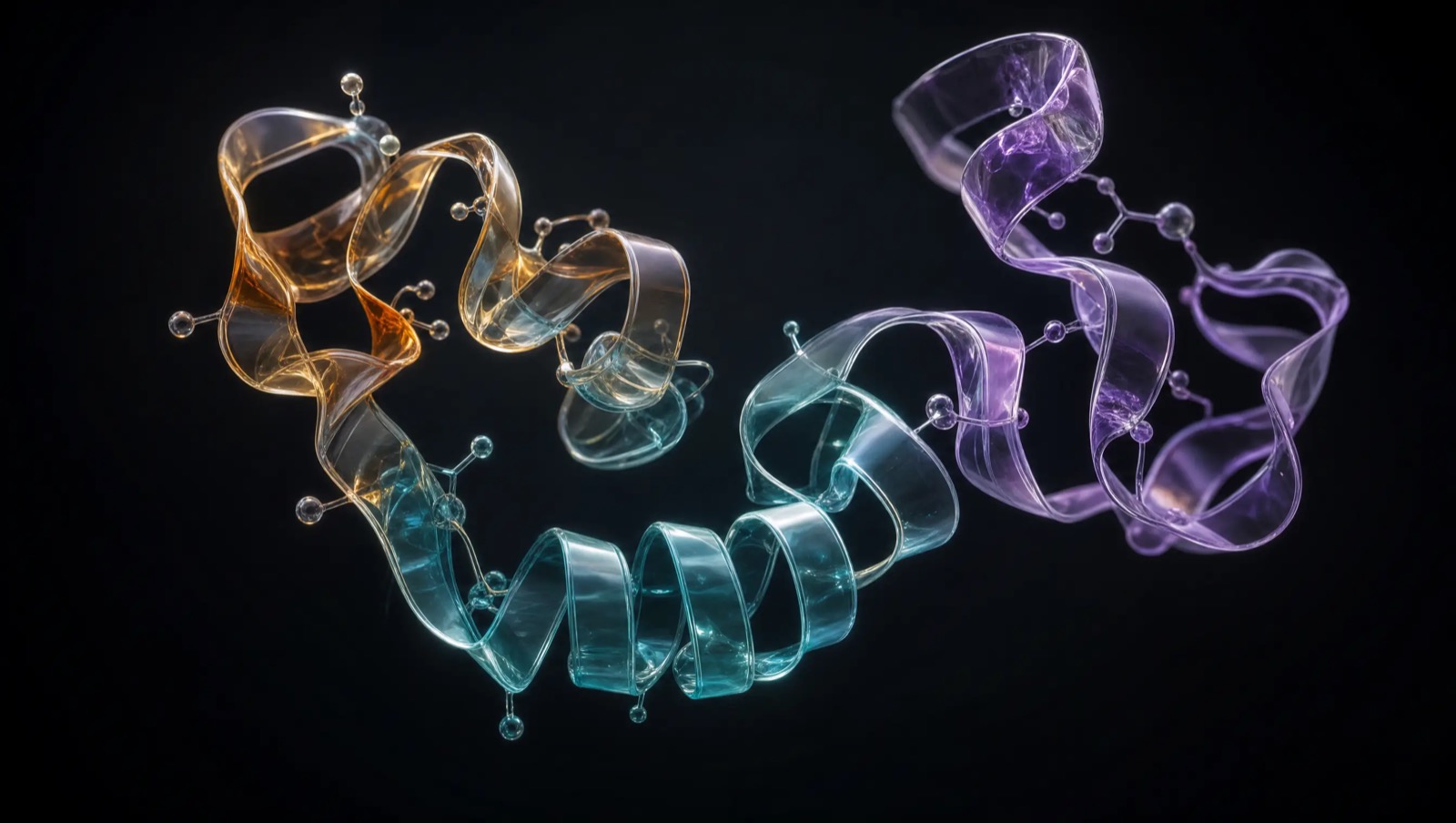 Abstract translucent glass strand with three interlocking threads, representing a triple-receptor peptide molecule