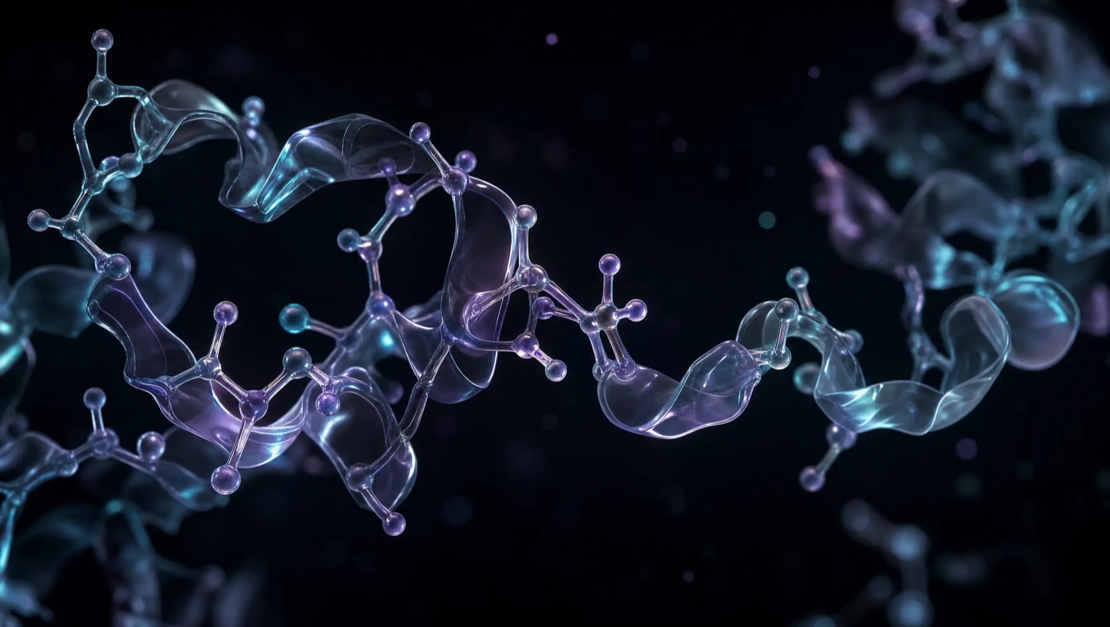 Abstract translucent glass loop suspended in dark space, representing a short peptide molecule