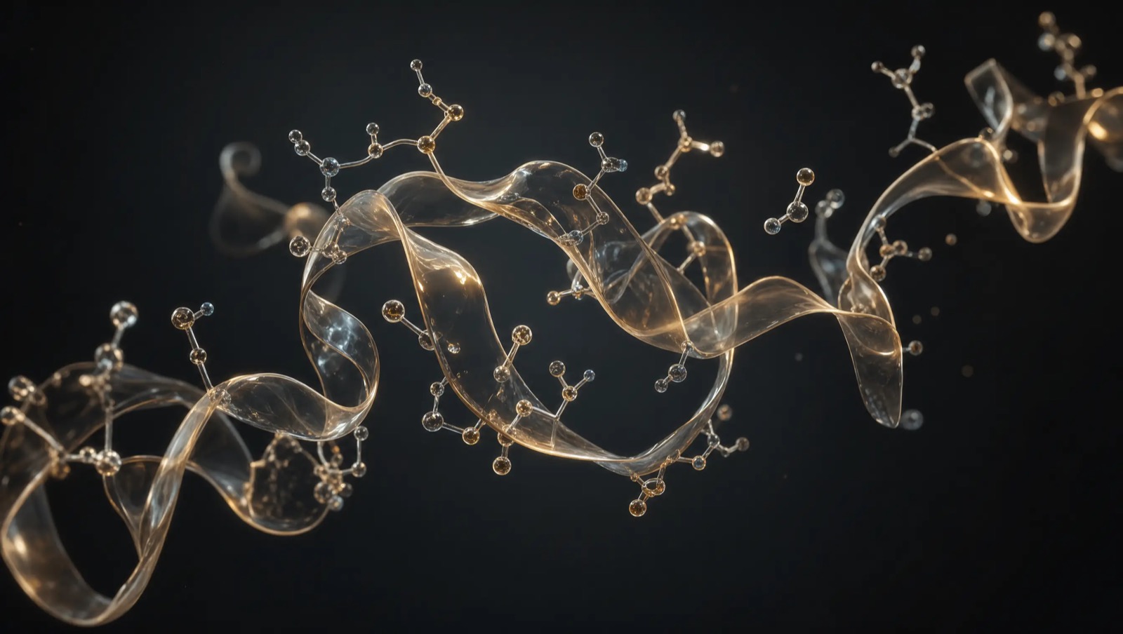 Abstract translucent glass strand coiling through dark space, representing a peptide molecule