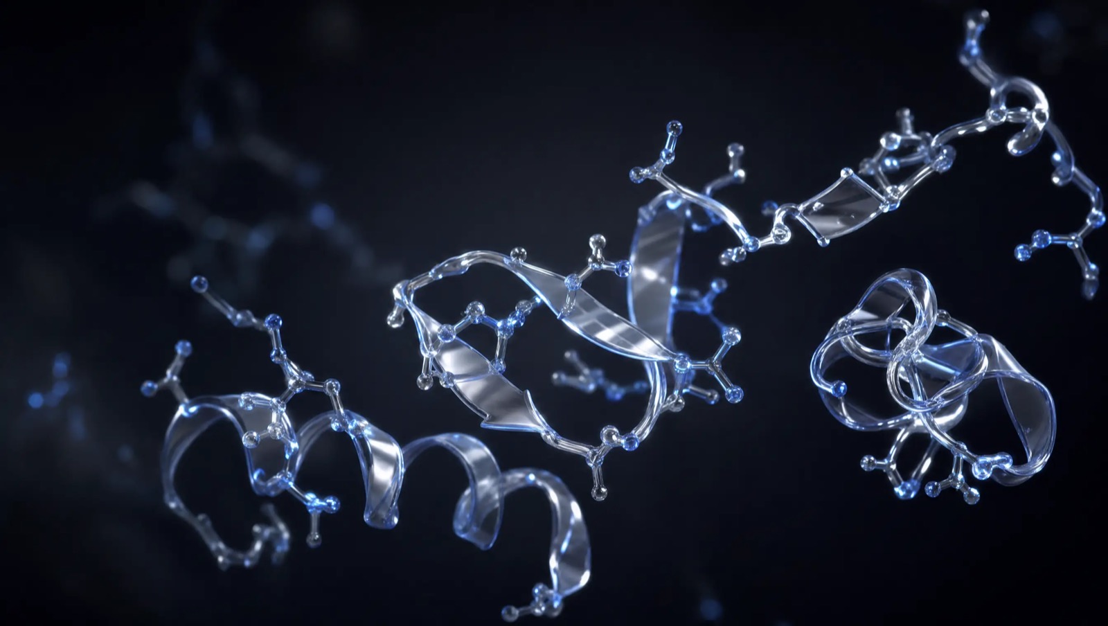 Abstract translucent glass fragment floating in dark space, representing a short peptide chain