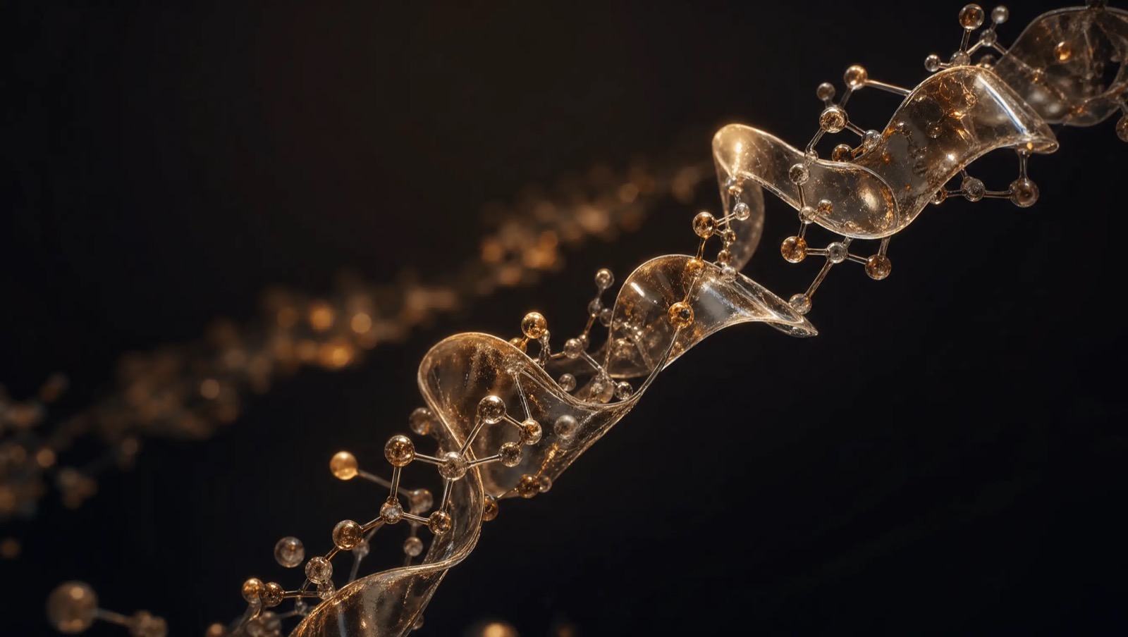Abstract translucent glass chain coiling through dark space, representing a longer peptide hormone analog