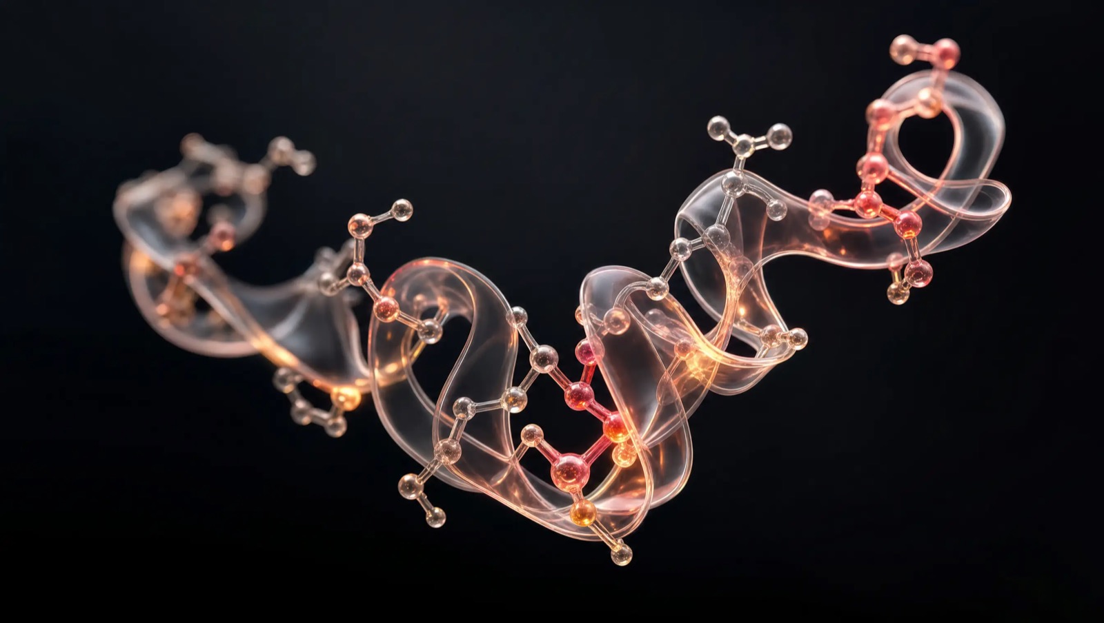 Abstract translucent glass ribbon gently coiled near a soft glowing node in dark space, representing a peptide molecule