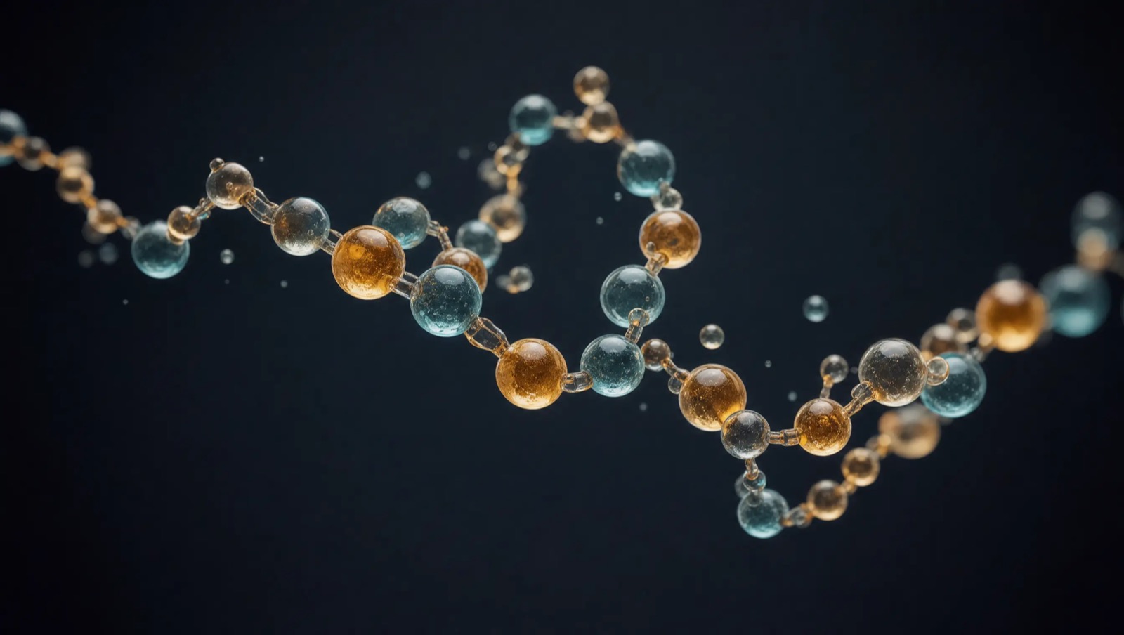 Abstract chain of translucent glass beads representing a peptide